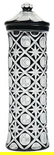 RARE GERMAN CUT GLASS STRAW HOLDER: C. 1898. Extremely rare late 19th century Victorian straw holder in unique German cut glass design. CONDITION: A black and white design sandwich glass straw holder with star and circle pattern. It has