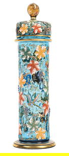 VICTORIAN MOSER GASS STRAW HOLDER: C. 1898. Extremely rare Moser Victorian straw holder with beautiful applied enamel. CONDITION: A heavily enameled applied blue glass straw holder, with dragonfly, floral and bird design and matching l
