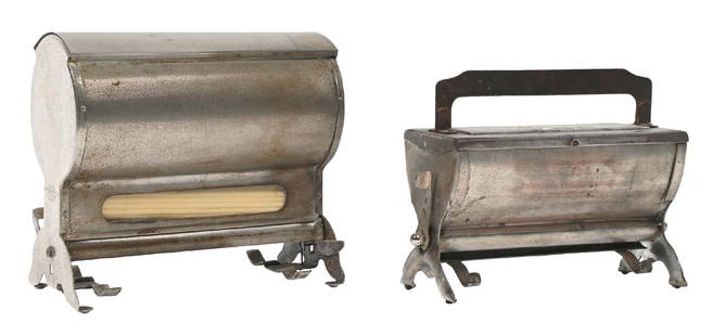 PAIR OF SODA FOUNTAIN STRAW DISPENSERS: C. 1920. CONDITION: (A) A mechanical straw dispenser, unlabeled. Tin construction, with a mechanical dispensing mechanism. It shows loss of finish and oxidation to the exterior mechanical operation. (