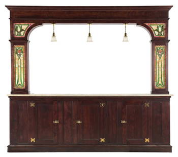 MAHOGANY SODA FOUNTAIN BACKBAR W/ MARBLE TOP: C. 1920. CONDITION: It shows original hardware that has been polished, three access doors in the bottom compartments and marble top. The second piece of the backbar is missing the mirror. It has the o
