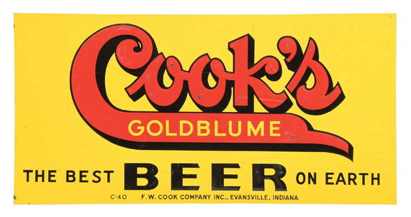 COOK'S GOLDBLUME BEER SIGN: SST. A nice example of this C. 1950s single-sided embossed tin sign from Cook's Beer. CONDITION: The field shows areas of paint loss to the high points of the embossed lettering, as well as a few ligh