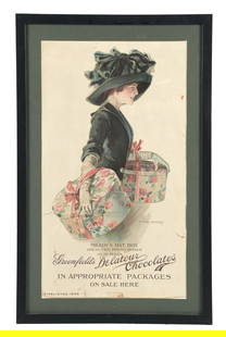 GREENFIELD'S CHOCOLATES SIGN W/ WOMAN GRAPHIC: This c. 1911 single-sided cardboard sign from Greenfield's Delatour Chocolates features a beautiful woman graphic. CONDITION: The sign shows color loss and tearing around the outer edges- the worst