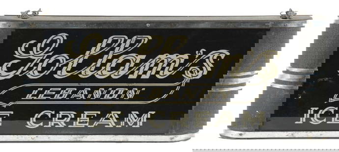 GOLLAM'S LEBANON ICE CREAM LIGHT-UP SIGN: This c. 1940 light-up sign from Gollam's Ice Cream features the ornate company logo, with a wonderful art-deco can. CONDITION: The reverse painted field shows some light paint loss and lifting seen