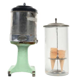 COLLECTION OF 2 HAMILTON BEACH MALK MILK MACHINE & GLASS CONE JAR: This collection of two includes a malted milk dispenser from Hamilton Beach, and a glass display jar for ice cream cones. CONDITION: (A) The Hamilton Beach machine shows wear and color loss to the