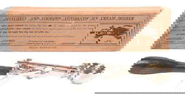 MITCHELL AND COOPERS AUTOMATIC ICE CREAM DISHER W/ ORIGINAL BOX: C. 1920. CONDITION: Showing light wear with original finish to the wood handle and original nickel to the disher. Fully operational. The original box shows light wear with rips and tears at the