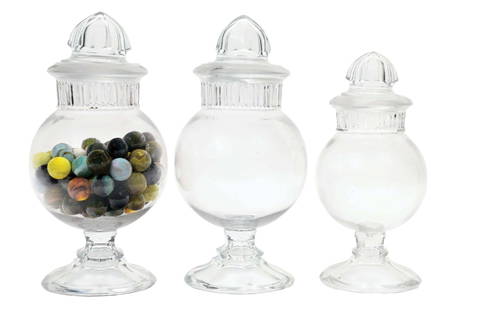 COLLECTION OF 3 CONGRESS GLOBE CANDY JARS: CONDITION: (A) A 10-1/2" tall jar with ground stopper. There are no chips or cracks. There is no fleabite chipping to the inside or outside rim of the stopper. (B) An 10-1/2" globe. It shows no chips