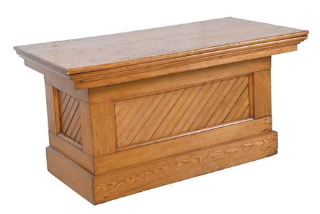 OAK COUNTRY STORE/SODA FOUNTAIN DISPLAY BASE: C. 1910. CONDITION: Showing wear and scuffs from age and use, with marks and dings primarily on the top. Showing an older refinishing. This is not a standard shippable item and will require 3rd party