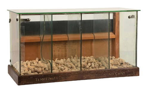 COUNTERTOP NUT DISPLAY: C. 1920. CONDITION: It shows an all original display with original felt, glass, wood bottom, backdoor and panels. It shows wear and finish loss to the oak base. It shows scuffs and scrapes to the glas