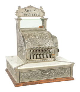 NATIONAL CASH REGISTER MODEL 52, SERIAL NO 570147: C. 1910. CONDITION: A fully restored extended base National Cash Register Model 52. It has new nickeled plating, new price flags, new key cheques, new marble and replaced marquee. This is not a standa