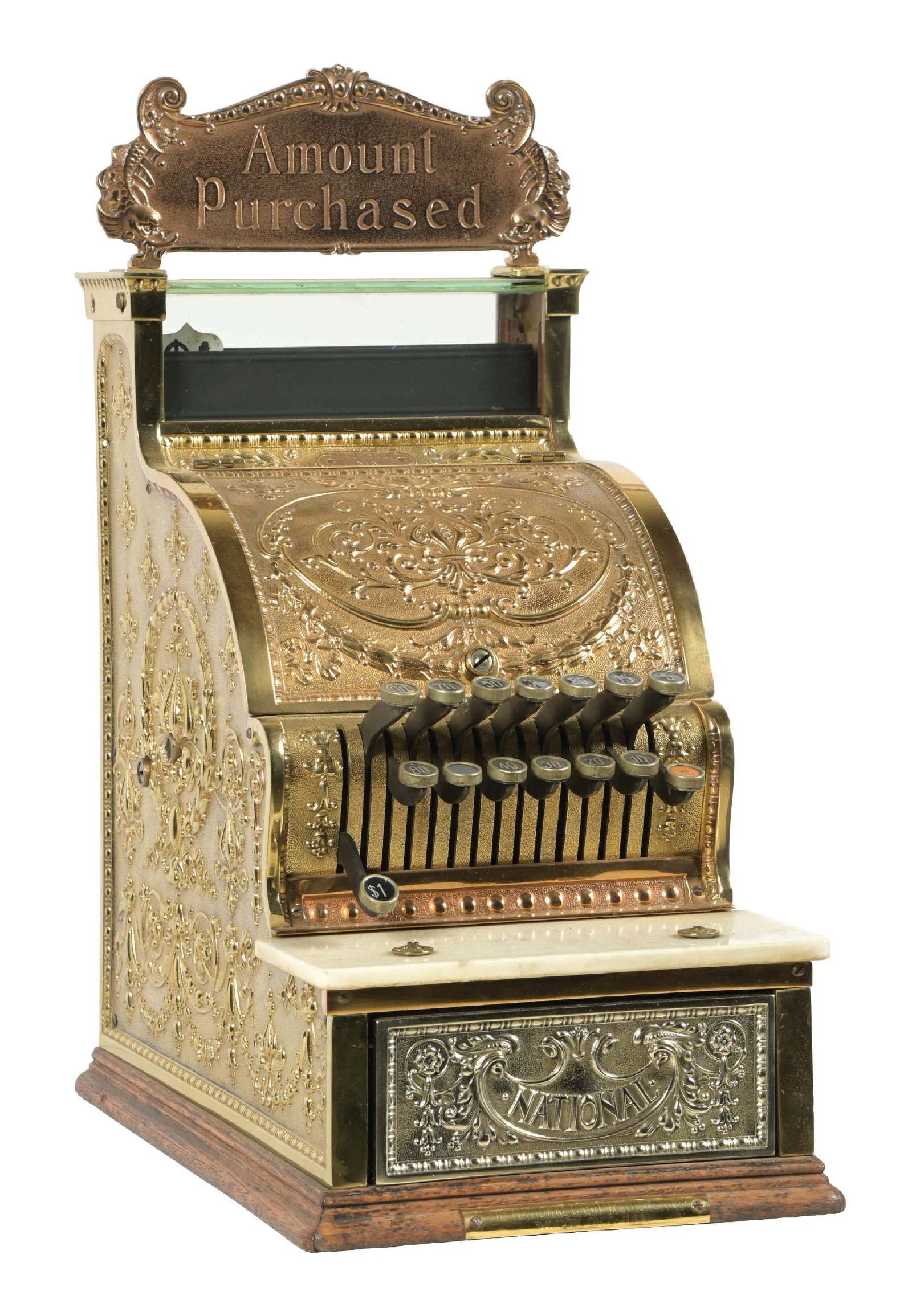 NATIONAL CASH REGISTER MODEL 313, SERIAL NO. 1416835: C. 1910. CONDITION: It shows an older restoration with original price flags, key cheques, replated front drawer and polished yellow brass. It is currently jammed. This is not a standard shippable item