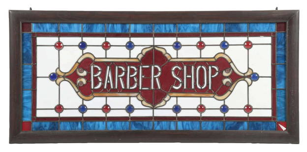 BARBER SHOP LEADED-GLASS SIGN: A beautiful example of this leaded-glass Barber sign featuring the iconic red, white, and blue color scheme with ornate jewel embellishments. CONDITION: The sign remains clean in the field with no dam
