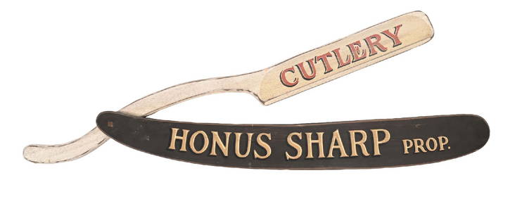 COUNTRY STORE HONUS SHARP SHRAIGHT EDGE RAZOR DISPLAY: C. 1920. CONDITION: Wood construction with lettering notating the Honus Sharp Proprietor for the store and advertising cutlery. There are areas of paint loss and some chipping to the wood, but in over