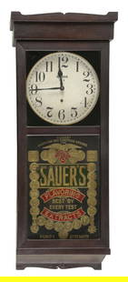 ORIGINAL SAUER'S FLAVORING REGULATOR CLOCK BY THE NEW HAVEN CLOCK CO: C. 1910. CONDITION: An original regulator clock in walnut. It shows an original finish which has oxidized. It has an original pendulum and front glass, showing no lifting to the gold leaf and reverse