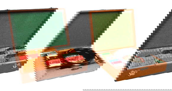 TRAVELING ROULETTE SET W/ ADDITIONAL BOX OF BAKELITE CHIPS: C. 1930. CONDITION: The traveling roulette set box is complete in the original wood box and additional small chips. The playfield needs a small metal ball-bearing. The set comes with an additional box