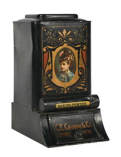 COUNTRY STORE BAKING POWDER TIN: An early country store tin for baking powder, marked for C.E. Crouse & Co. from Syracuse, New York. CONDITION: A great front graphic with front labeling, showing some areas of paint loss, light scuffs