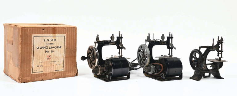 COLLECTION OF 3 CHILD-SIZE SEWING MACHINES: C. 1900. CONDITION: (A) A very small, mini cast iron sewing machine. It shows original pinstriping, with areas of paint loss and oxidation to all unpainted surfaces. (B) A Singer sewing machine No. 20