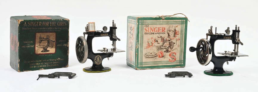 PAIR OF SINGER SEWING MACHINES IN ORIGINAL BOX: C. 1900. CONDITION: (A) A children's showing machine in the original box, which is NOS. It shows no wear to the original sewing machine, with all correct labeling. The box is marked in Dutch, showing