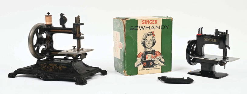 PAIR OF CHILD-SIZE SEWING MACHINES: C. 1910. CONDITION: (A) A Singer Sew Handy Model No. 20 sewing machine in the original box. It shows wear, tatter and some rips to the original box. The sewing machine is in original paint, has correc
