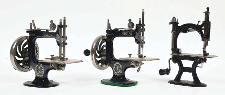 COLLECTION OF 3 CHILD-SIZE SEWING MACHINES: C. 1910. CONDITION: (A) Marked "Midget," with original paint and pinstriping. It shows areas of oxidation and paint loss. (B) Marked "Singer No. 3," in original paint and decals. It shows very little