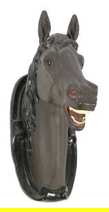 CAST ZINC DR. LEISURES HORSE HEAD DISPLAY: C. 1920. CONDITION: It shows all original paint with areas of wear, primarily to the outside edges. There are no cracks or repairs. It has a hanging loop mounted to the back. This is not a standard