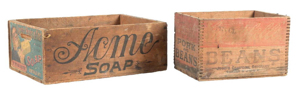 COLLECTION OF 2 ACME SOAP & CAMPBELL'S CRATES: A nice collection of two wood crates from Acme Soap and Campbell's Beans, both showing company logos. CONDITION: All remain sturdy and solid. The crates show areas of paint loss and wear to the logos,