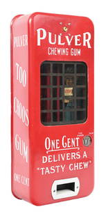 1¢ RED PORCELAIN PULVER VENDING MACHINE: C. 1930 CONDITION: Stop and Go figure on original painted mechanism and fully operational. Side label case in red is original. Showing some touch-ups to the porcelain. Condition: (Good). Dimensions: 8