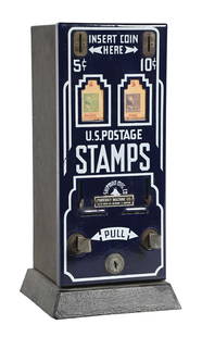 US POSTAGE STAMP VENDING MACHINE: This c. 1930s porcelain bodied stamp vendor from the U.S. Postal Service features a bright porcelain face, with manufacturer tag still attached to the front center. CONDITION: The porcelain face is cl