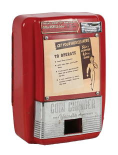 VENDO COMPANY 5¢ CHANGE MACHINE: This c. 1950s coin changer from Vendo was meant to hang next to a vending machine, and provide the customer with two nickels in exchange for a dime. CONDITION: The polished metal bezel shows light wea