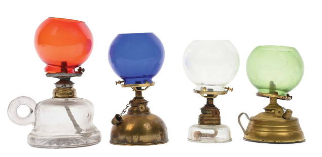 COLLECTION OF 4 COUNTERTOP CIGAR LIGHTERS: CONDITION: (A) A brass-base font with a green globe. (B) A bell-shaped glass font with red glass globe. (C) A brass-base cigar lighter with blue globe. (D) A glass-based font with clear glass globe,
