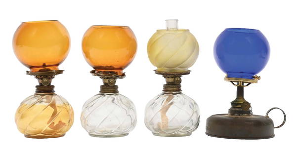 COLLECTION OF 4 COUNTERTOP CIGAR LIGHTERS: C. 1900. CONDITION: (A) A glass-bottom font with an amber globe. There are no chips, cracks or repairs. (B) A glass-bottom font with an amber globe. (C) A tin font with blue globe. (D) A glass-base