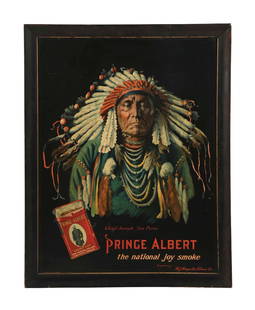PRINCE ALBERT THE NATIONAL JOY SMOKE" SIGN W/ NATIVE AMERICAN GRAPHIC: SST. Maker marked "The American Art Works". This c. 1920s-1930 single-sided tin sign from Prince Albert Tobacco features an impressive graphic of a Native American. CONDITION: The sign sign shows a fe