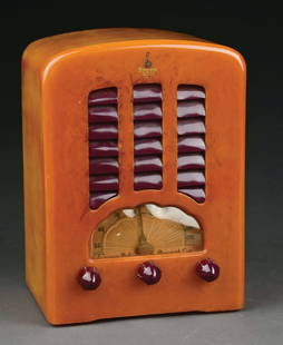 EMERSON CATHEDRAL CATALIN RADIO MODEL BT245 IN YELLOW & MAROON: C. 1938. Emerson Radio and Phonograph Co. NY. CONDITION: Tombstone design showing no cracks or repairs. Rare color combination with swirled yellow body and oxblood grill and knobs all factory. No back