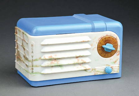 RCA VICTOR "LITTLE NIPPER" 9-SX SERIES RADIO IN BLUE PLASKON AND BEETLE PLASTIC TRIM: C. 1939. Great Machine Age RCA Victor Radio known as the "Nipper" 9-SX in bright blue Plaskon with a Beetle Plastic grill. This 1939 model is an incredibly well designed streamlined tube radio. CONDIT