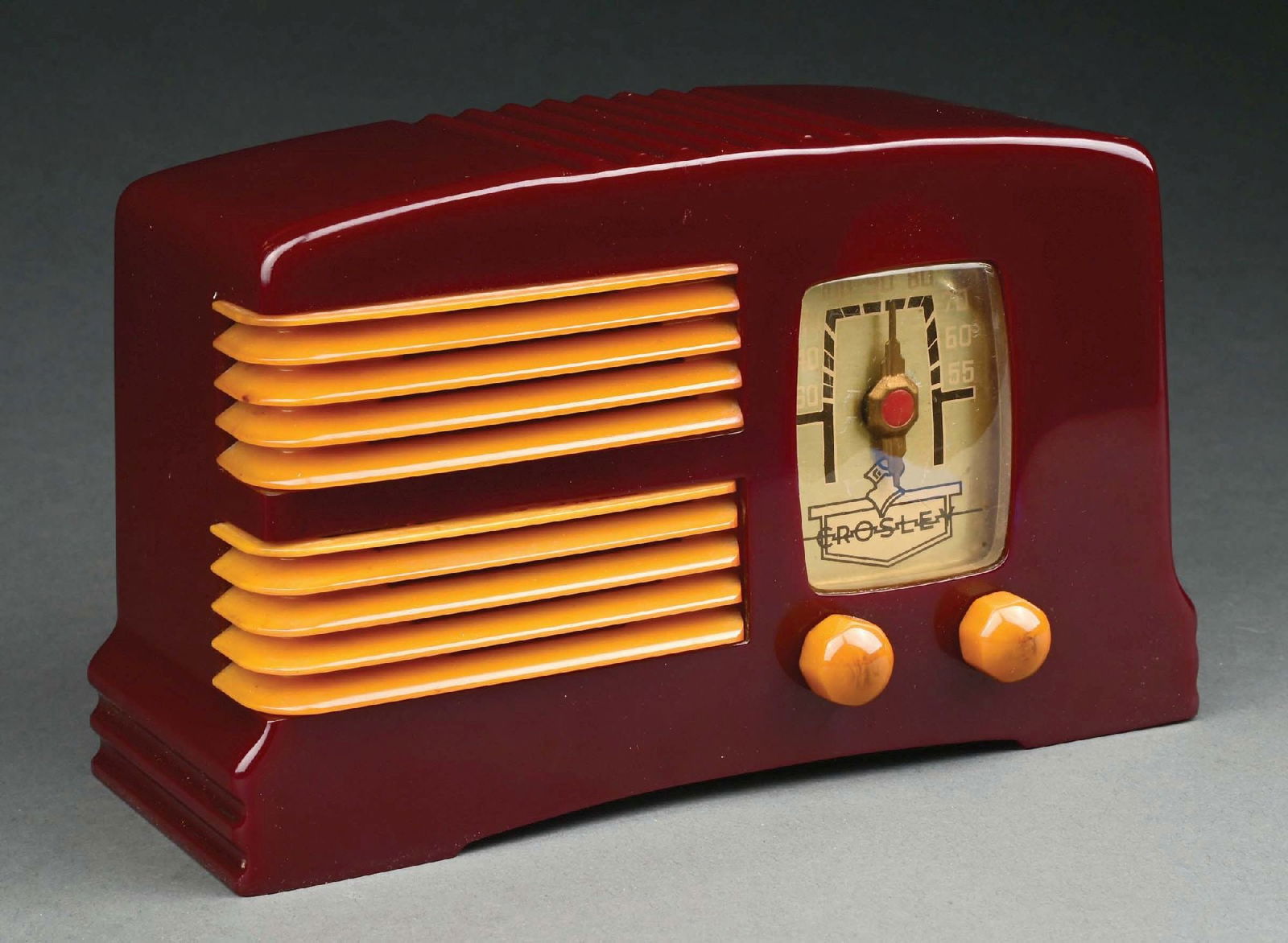 CROSLEY MODEL G1465 CATALIN RADIO IN PLUM AND YELLOW (1 of 4)
