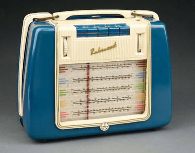 TESLA 3103-AB BAKELITE PORTABLE "REKREANT" TUBE RADIO: C. 1957. Tesla, Czechoslovakia. CONDITION: Rare blue and ivory version in complete condition. With cord and untested. No cracks or repairs noted. Set is being sold as a "non-working" vintage electroni