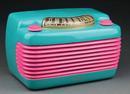 PHILCO MODEL 48-460 "HIPPO" BAKELITE RADIO: C. 1948. CONDITION: Philco Bakelite radio in restored teal and pink colors. No cracks or repairs noted, with no back panel. Set is being sold as a "non-working" vintage electronic device that should b