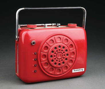 AUDIOKING MODEL 800 AM/FM 8-TRACK PORTABLE: C. 1972. CONDITION: Complete, and showing no breaks or repairs. With original knobs, antenna and carry handle. Great space age design. Set is being sold as a "non-working" vintage electronic device th