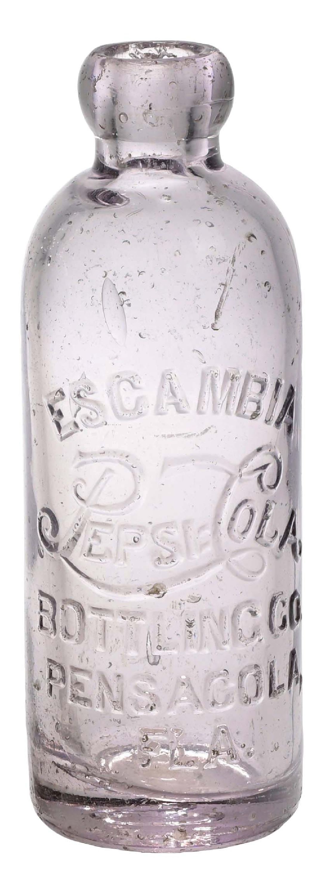 PEPSI-COLA PENSACOLA FLA GLASS BOTTLE: Light amethyst Escambia, Pensacola, Florida hutch. CONDITION: Scratches and fleabites. Condition: (7.0). Dimensions: 2 - 1/4" Dia. x 6 - 1/2" T.