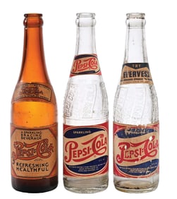 COLLECTION OF 3 PEPSI-COLA GLASS BOTTLES W/ LABELS