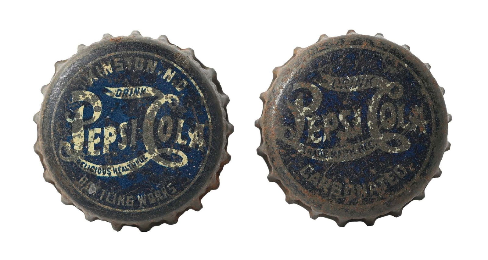 COLLECTION OF 2 PEPSI-COLA BOTTLE CAPS: Early blue Pepsi bottle caps. (A) "Carbonated", no city. CONDITION: Paint loss and some rust. (3.0). (B) Kenston, North Carolina. CONDITION: Paint loss and some rust. (4.0). Condition: Dimensions: Eac