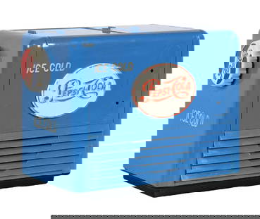 PEPSI-COLA MODEL PCR-5 COOLER RADIO: This c. 1950s Bakelite radio from Pepsi-Cola in the form of a cooler features the script logo nicely embossed on the front, with manufacturer information still attached to the bottom side. CONDITION: