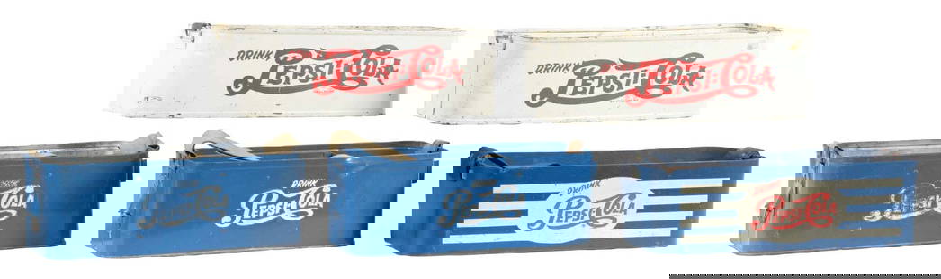 COLLECTION OF 5 PEPSI-COLA STADIUM CARRIERS: A nice collection of five c. 1950s metal (and one Masonite) stadium carriers from Pepsi-Cola, featuring the iconic script logo. CONDITION: All show areas of paint loss and wear to the painted finish.
