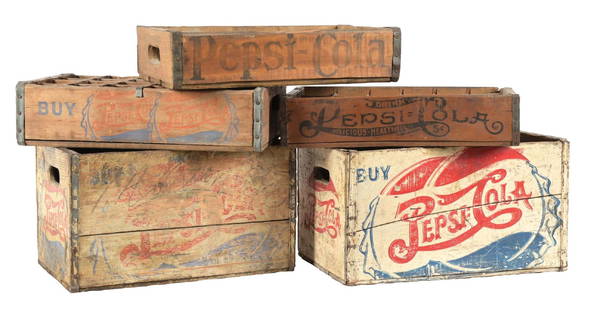 COLLECTION OF 5 PEPSI-COLA WOODEN CRATES: A nice variety of Pepsi-Cola bottle crates, including some with early script logos and some with the bottle cap graphic. CONDITION: The crates all remain solid. The logos show wear and color loss, but