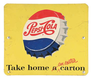 PEPSI-COLA "TAKE HOME AN EXTRA CARTON" RACK SIGN: DST. This c. 1950s double-sided heavy tin rack topper sign from Pepsi-Cola features the company logo and a nice bottle cap graphic. CONDITION: Side 1 shows scrapes and wear throughout the field. The o
