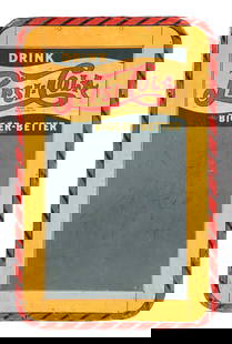 DRINK PEPSI-COLA BIGGER-BETTER MENU BOARD: SST. This c. 1940s single-sided tin menu board sign from Pepsi-Cola features a nice double-dot logo and the tagline "Bigger-Better". CONDITION: The sign shows discoloration around the logo, with gener