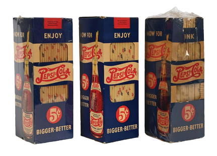 COLLECTION OF 3 PEPSI-COLA 5¢ STRAW BOXES: A nice collection of three straw boxes (with contents) from Pepsi-Cola featuring a nice double dot logo and bottle graphic. CONDITION: The boxes are well preserved with only a few worn areas to the co