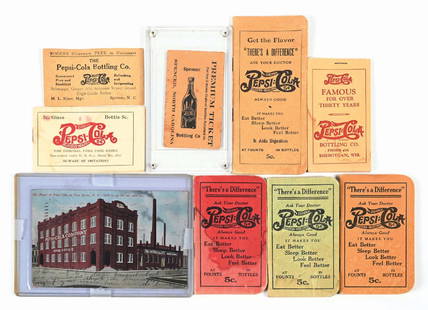 COLLECTION OF VARIOUS PEPSI-COLA NOTEPADS & A POSTCARD: Great lot featuring unused Pepsi-Cola advertising notepads and a post card. Post card is in a protective case with original stamp and handwritten lettering, featuring a colored imagine of the Pepsi-Co