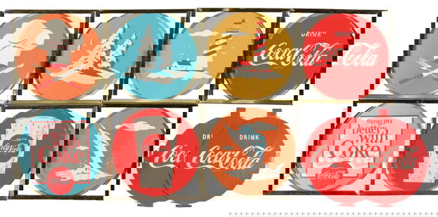 COLLECTION OF METAL FRAMED COCA-COLA ADVERTISEMENTS: This set of c. 1960s framed metal with cardboard insert signs from Coca-Cola features the script logo, Dixie cup and various food group graphics. The metal frames hold the cardboard inserts and displa