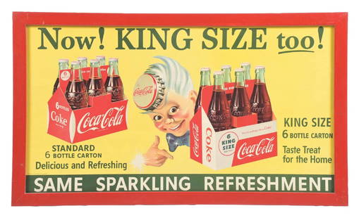 COCA-COLA SIGN W/ SPRITE BOY GRAPHIC: This c. 1955 single-sided paper sign from Coca-Cola features wonderful graphics of two six-packs and the iconic Sprite Boy character. CONDITION: The field remains clean, with some light bubbling to th