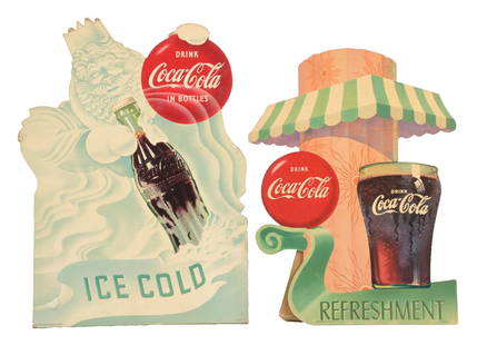 COLLECTION OF 2 CARDBOARD COCA-COLA EASEL-BACK SIGNS: A nice collection of two c. 1950s single-sided cardboard signs from Coca-Cola, including the "Ice Cold" Old Man Winter easel-back, and the Western- themed cactus easel-back. CONDITION: Both remain in
